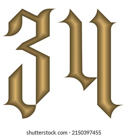 Gothic Style Number Thirty Four Vector Illustration. Golden Calligraphic Number 34 In Gothic Style Isolated On A White Background. Vintage Number
