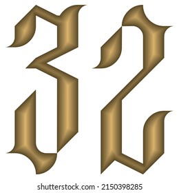 Gothic Style Number Thirty Two Vector Illustration. Golden Calligraphic Number 32 In Gothic Style Isolated On A White Background. Vintage Number
