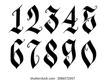 Gothic style numbers. Handwritten black symbols isolated over white background. Calligraphy and lettering vector illustration. Handdrawn medieval fraktur type figures.