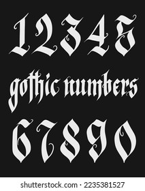 Gothic style numbers. Handwritten white symbols isolated over black background. Calligraphy and lettering vector illustration. Handdrawn medieval fraktur type figures.