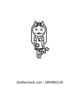 Gothic style ragdoll vector line icon. Horrible toy outline symbol.