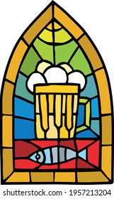 Gothic style stained glass depicting a mug of beer with foam and fish