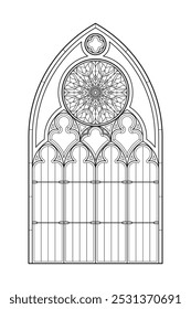 Gothic style stained glass window outline with intricate rose design and pointed arch. Black and white vector illustration. Architectural element for design and print. Isolated on white background