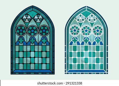 A Gothic Style stained glass window in cool tones of blue, green and turquoise. Two options with black or white outline. EPS10 vector format