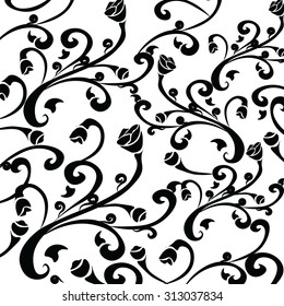 Seamless Pattern Flowers Swirls Black Silhouette Stock Vector (Royalty ...