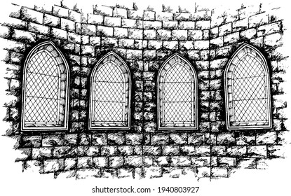 Gothic style window or Romanesque architecture vector sketch image gothic windows in a tower wall of stones on background