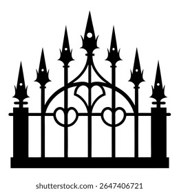 Gothic style wrought iron fence with pointed arches, intricate detailing, sharp spires, vintage silhouette, dramatic black cast iron, isolated on white1.