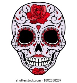 Calavera gótica con ornamento de rosa y espina. Ilustración vectorial.