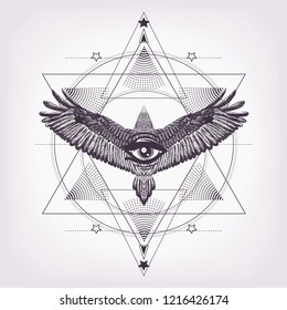 Gothic symbol. Sketch for tattoo art and print t shirt. Six pointed star with flying eagle and all seeing eye. Sacred geometry. Masonic symbol. Alchemy, astrology, occultism. Ornamental composition