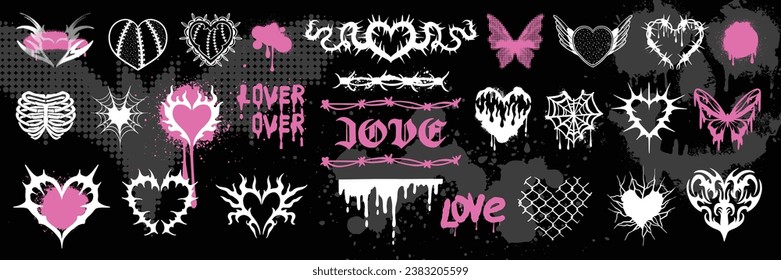 Gothic tattoo heart set, emo u2k love logo kit, vintage graphic fashion vector butterfly print. 90’s punk romance grunge sticker, Valentine dark groovy fashion clipart. Gothic heart retro sign