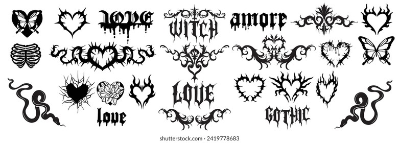 Juego de corazón de tatuaje gótico, logotipo de amor de u2k emo vintage decoración divisor marco vectorial impresión de mariposa. Pegatina de gruñón de romance punk de los años 90, clipart de moda de San Valentín oscuro groovy. Signo de retro gótico del corazón