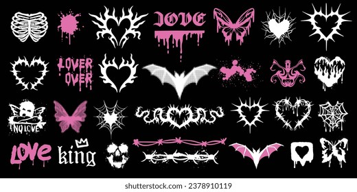 Juego de corazón de tatuajes góticos, kit de logotipo de amor para emo vectorial u2k, marca de mariposa de moda gráfica vintage. sticker punk romance grunge de los 90, clipart de moda de San Valentín oscuro groovy, cherub. Signo de retro gótico del corazón