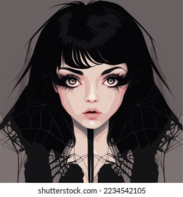 Gothic teenager with black eyes and black hair