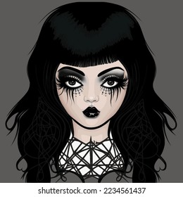 Gothic teenager with black eyes and black hair