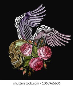 Gothic template for fashion clothes, textiles, t-shirt design. Embroidery human skull, angel wings and roses