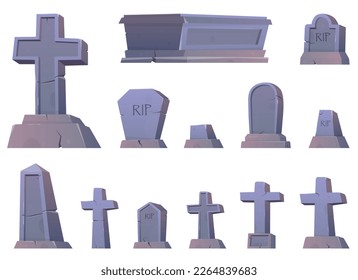 Gothic tombstones and stone crosses. Cemetery crosses, tomb mausoleum, pillar and ancient memorials with cracks