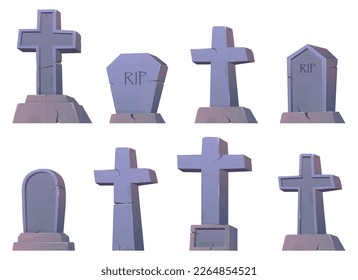 Gothic tombstones and stone crosses. Cemetery crosses, tomb mausoleum, pillar and ancient memorials with cracks