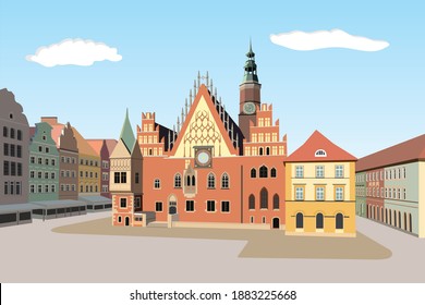 Gothic Town Hall of Worclaw, Poland - detailed vector illustration