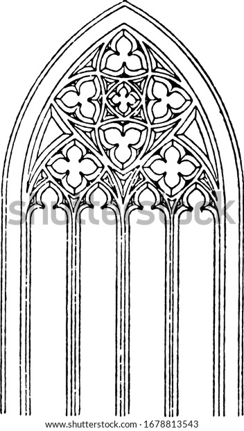 Gothic\
tracery, vaulted roofs, buttresses, large windows, pointed arches,\
vintage line drawing or engraving\
illustration.
