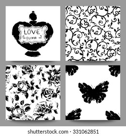 Gothic trendy romantic cards collection. Scrap booking and typographic grunge seamless patterns and backgrounds.