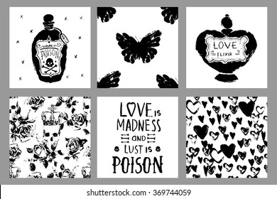 Gothic trendy romantic cards collection. Scrap booking grunge seamless patterns and backgrounds, love quote