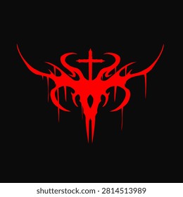 Gothic tribal cross skull logo. Abstract death metal red horned emblem vector graphic