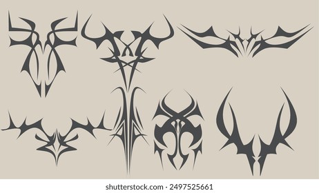 Gothic tribal shapes with a stiff touch. Set of Symmetrical Tribal Pattern Cyber ​​Gothic Elements in vintage color Print for t-shirt, hoodie and sweatshirt or card, poster