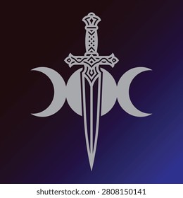 Logotipo de Vector de la daga de la diosa gótica de la luna triple, emblema esotérico monocromo de la espada oculta para la ropa