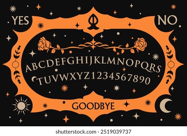 Tipografia gótica Ouija Board. Rosas cercadas por lua e estrelas, textos e alfabeto. Fantasmas e demônios chamando o jogo