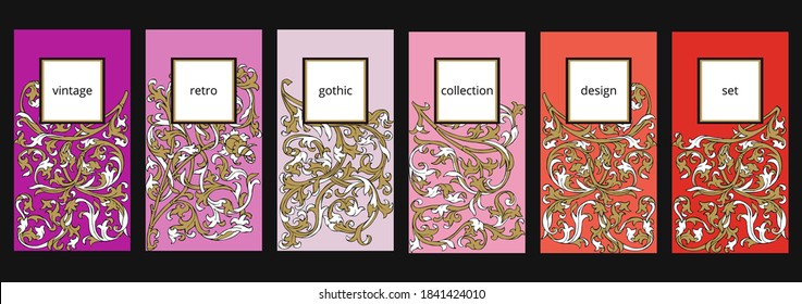 Gothic universal artistic templates. Set of backgrounds in pink and red color. Vector illustration.