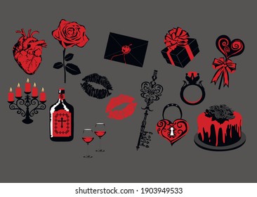 gothic valentine's day icons - stylized  vector icons isolated on white