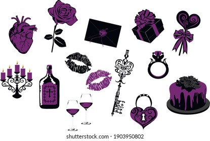 gothic valentine's day icons - stylized victorian vector icons isolated on white