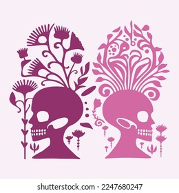 Gothic valentines day skull vector illustration in viva magenta. Tattoo style block print of vintage romance skeleton. 