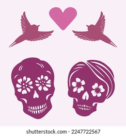 Gothic valentines day skull vector illustration in viva magenta. Tattoo style block print of vintage romance skeleton. 