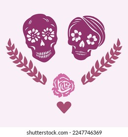 Gothic valentines day skull vector illustration in viva magenta. Tattoo style block print of vintage romance skeleton. 