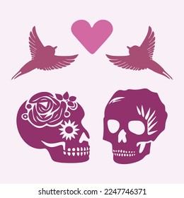 Gothic valentines day skull vector illustration in viva magenta. Tattoo style block print of vintage romance skeleton. 