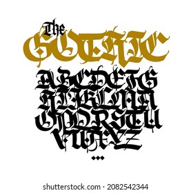 Gothic. Vector. Capital black latin letters on a white background. Beautiful and stylish calligraphy. Elegant European typeface for tattoo and design. Medieval Germanic modern style.