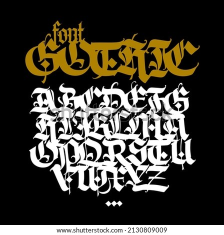 Gothic. Vector. Capital white latin letters on a black background. Beautiful and stylish calligraphy. Elegant European typeface for tattoo and design. Medieval Germanic modern style.