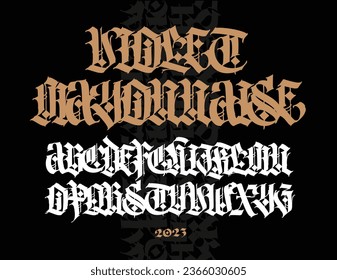 Gothic. Vector. Uppercase letters on a dark background. Beautiful and stylish calligraphy. Elegant European typeface for tattoo and design. Medieval Germanic modern style.