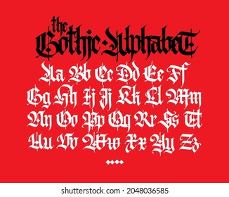 Gothic. Vector. Uppercase and lowercase letters on a red background. Beautiful and stylish calligraphy. Elegant European typeface for tattoo and design. Medieval Germanic modern style.