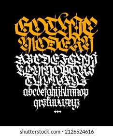 Gothic. Vector. Uppercase and lowercase letters on a black background. Beautiful and stylish calligraphy. Elegant European typeface for tattoo. Medieval modern style.