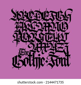 Gothic. Vector. Uppercase and lowercase letters on a yellow background. Beautiful and stylish calligraphy. Elegant European typeface for tattoo and design. Medieval Germanic modern style.