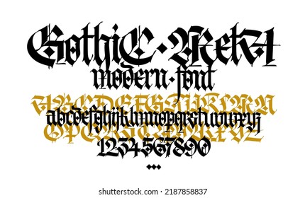 Gothic. Vector. Uppercase and lowercase letters with numbers. Stylish calligraphy. Elegant european font for design. Medieval modern style. Elegant pattern for fabric and packaging.
