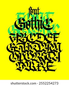 Gothic. Vector. Uppercase and lowercase letters on a yellow background. Beautiful and stylish calligraphy. Elegant European typeface for tattoo and design. Medieval Germanic modern style.