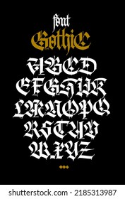 Gothic. Vector. Uppercase and lowercase white letters on a black background. Beautiful and stylish calligraphy. Elegant European typeface for tattoo and design. Medieval Germanic modern style.