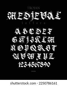 Gothic. Vector. Uppercase and lowercase white letters on a black background. Beautiful and stylish calligraphy. Elegant European typeface for tattoo and design. Medieval Germanic modern style.