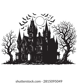 Gothic victorian mansion outline with jagged turrets and tall windows. Eerie forest landscape featuring leafless gnarly trees. Flying bat swarm circling celestial glowing moon background.