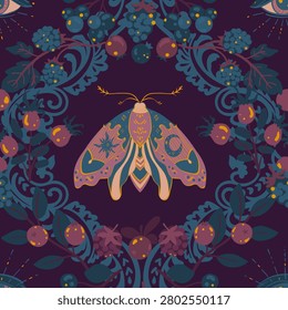 Gothic victorian moth vector pattern. Mystical lepidoptera violet butterfly in a blue baroque ornate frame of fruits, berries and plants. Dark esoteric witch Halloween.