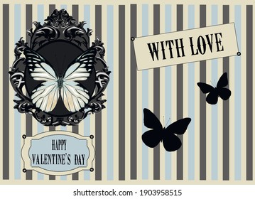 Gothic Victorian Valentines day Card  With Framed  White Butterfly
