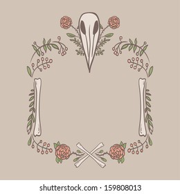 gothic vignette with bird skull, flowers and leaves in pastel colors